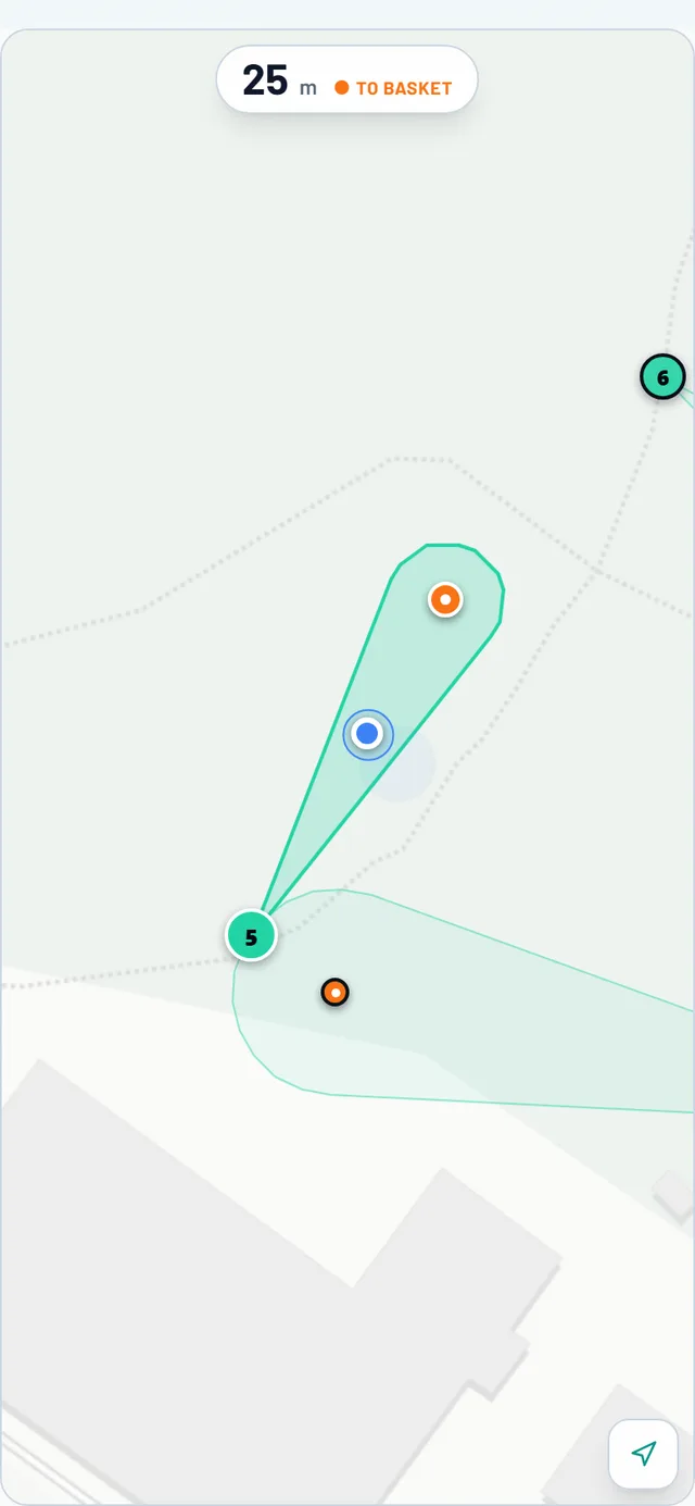 A GPS hole map zoomed to one hole — the fairway, numbered tee and basket, your location, and metres to the basket